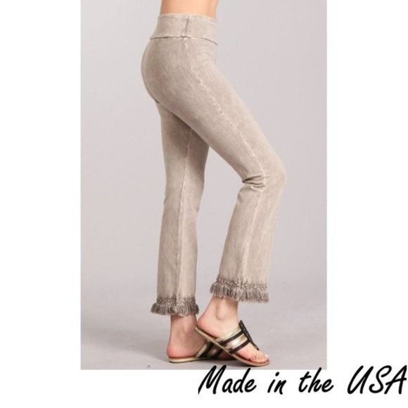 Boutique Pants - Mineral Washed Ankle Fringe Cropped Pants